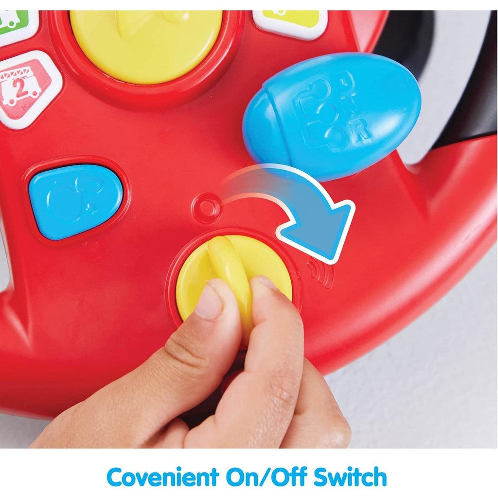 Shows that the on-off switch is easy to find and use.