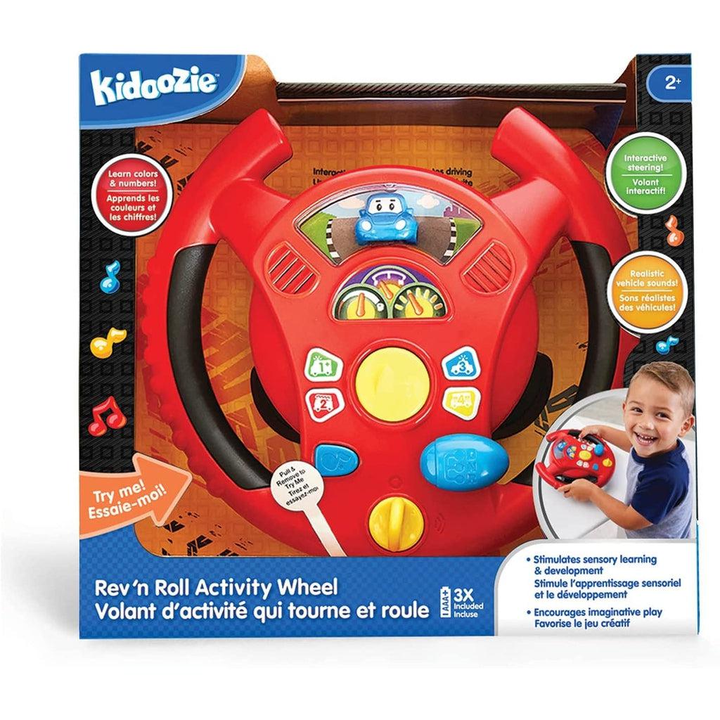 Image of the packaging for the Rev n' Learn Activity Wheel. The front of the box is open so you can see and touch the steering wheel inside.