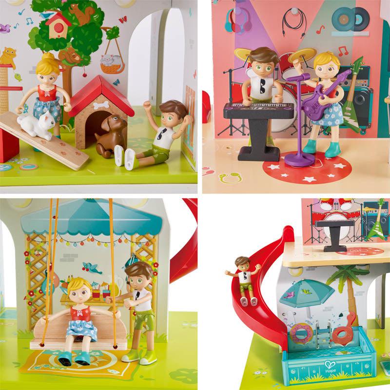 4 closeups of the 2 dolls positioned throughout the house are shown. One of them next to the doghouse with a dog and a cat, them on the swing, them in the music room playing on a keyboard and guitar, and the boy doll going down the slide into the pool.