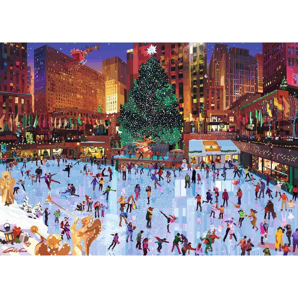 Puzzle image | Illustration of Rockefeller Center at Christmas time | In the front of the image an ice rink is filled with people ice skating and figure skating | Behind the rink is the famous Rockefeller Christmas tree and New York cityscape | Santa can be seen flying through the sky in his sled above the rink.