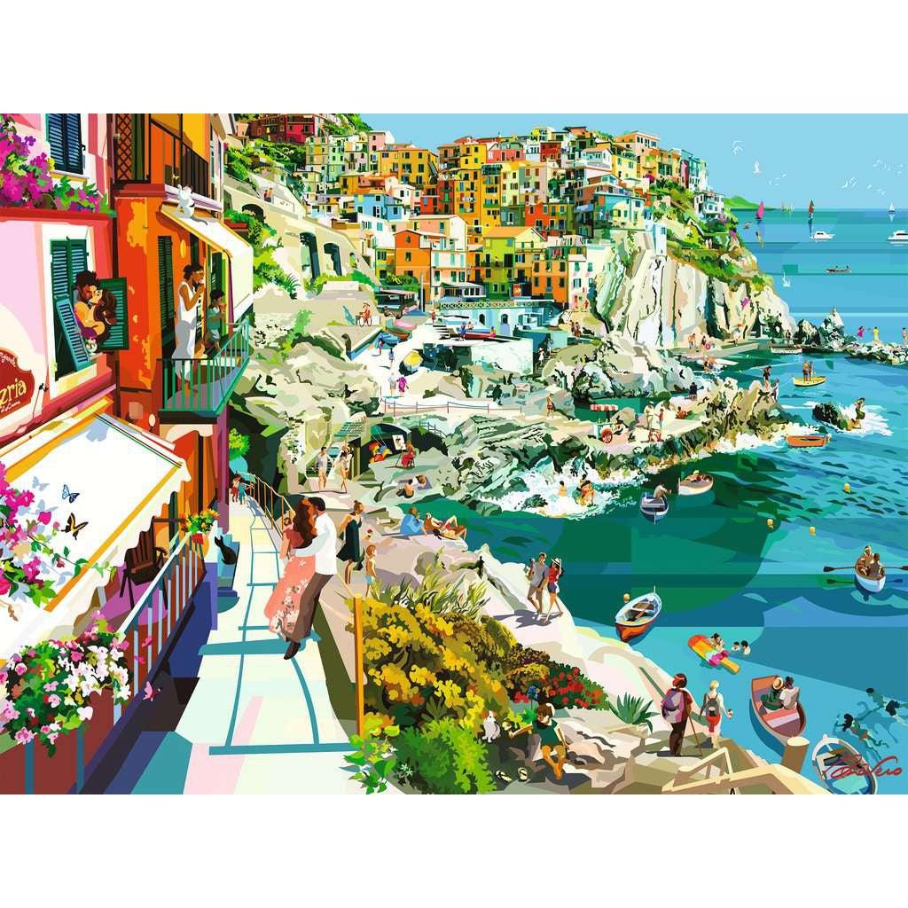 Puzzle of a digitally illustrated coastal town with colorful buildings and ocean view. Couples kiss or hold hands as they explore the town together.