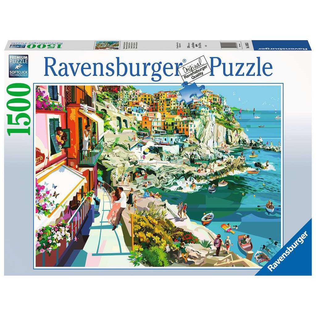 Image of the front of the box. It has information such as the brand name, Ravensburger, and the piece count (1500pc). In the center of the box is a picture of the finished puzzle. Puzzle described on next image.