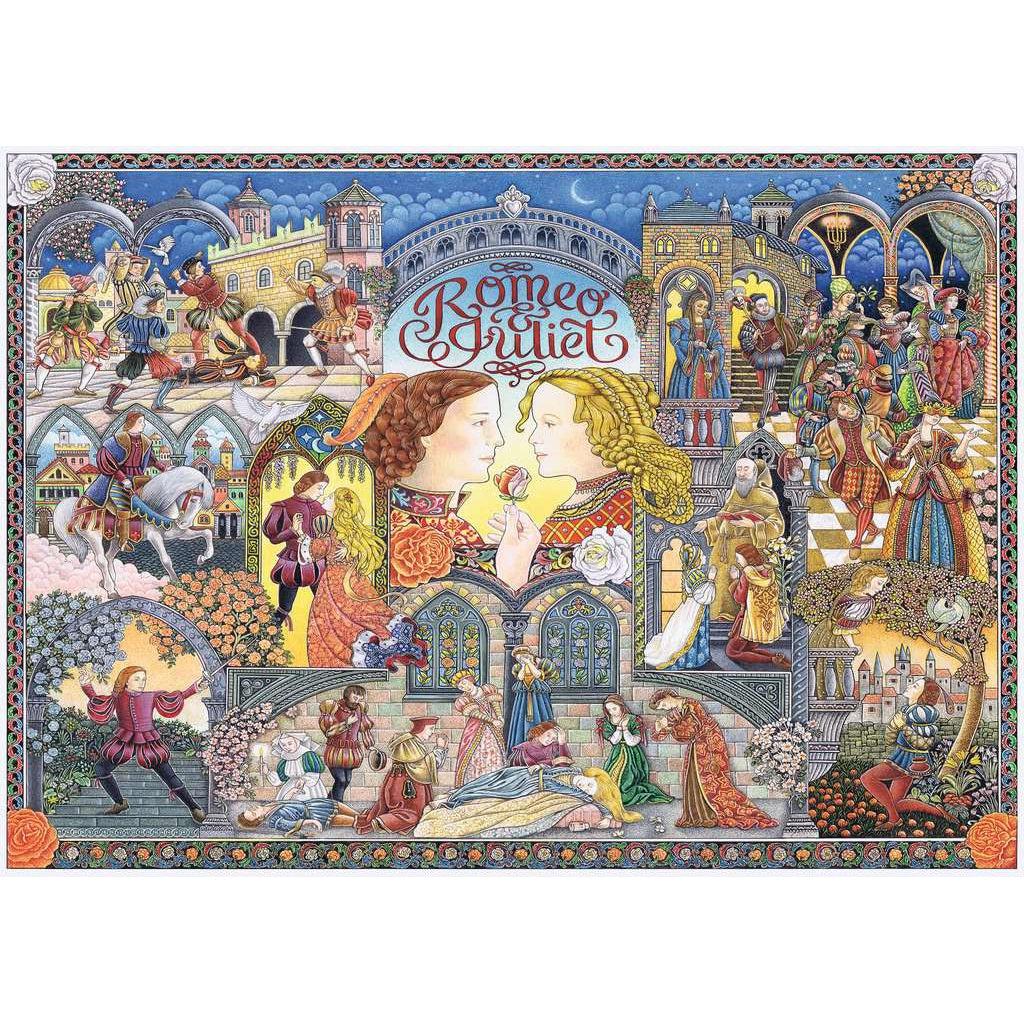 Puzzle is a set of scenes in a vintage illustration style of the Shakespeare story Romeo and Juliet. It shows many scenes from the play such as the masquerade, their love, and their death. It is bordered on all sides with roses and black woven thread.
