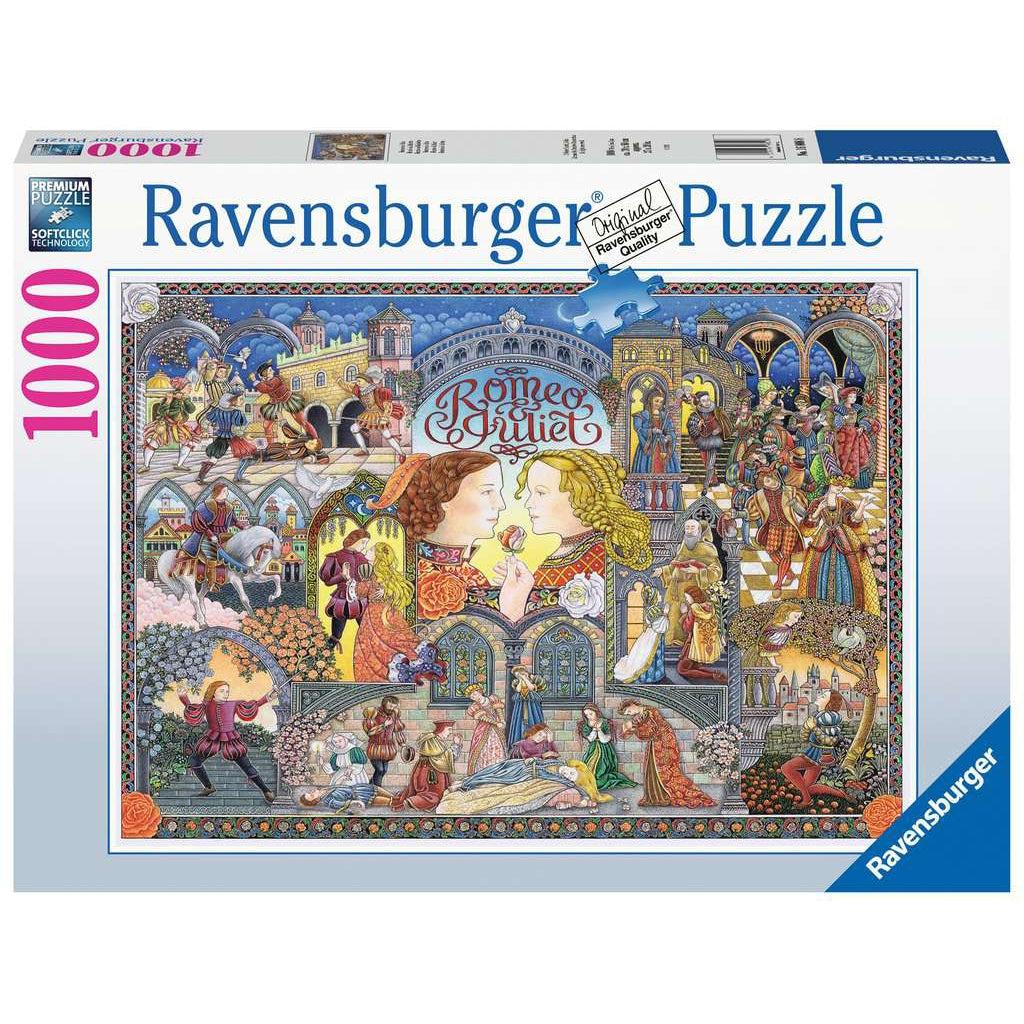 Image of front of puzzle box. It has information such as the brand name, Ravensburger, and the piece count (1000pc). In the center is a picture of the finished puzzle. Puzzle described on next image.