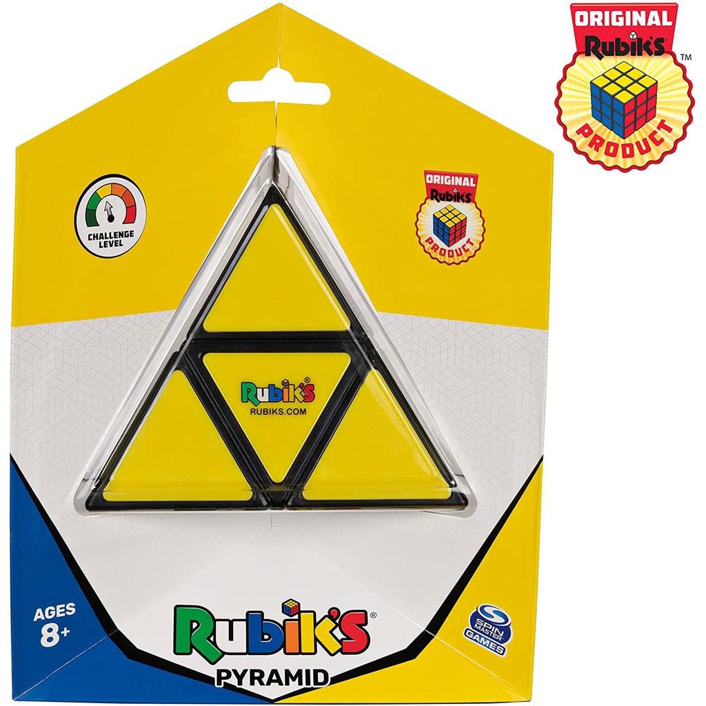 Image of the packaging for the Rubik's Pyramid. Part of the front is made from clear plastic so you can see the puzzle inside
