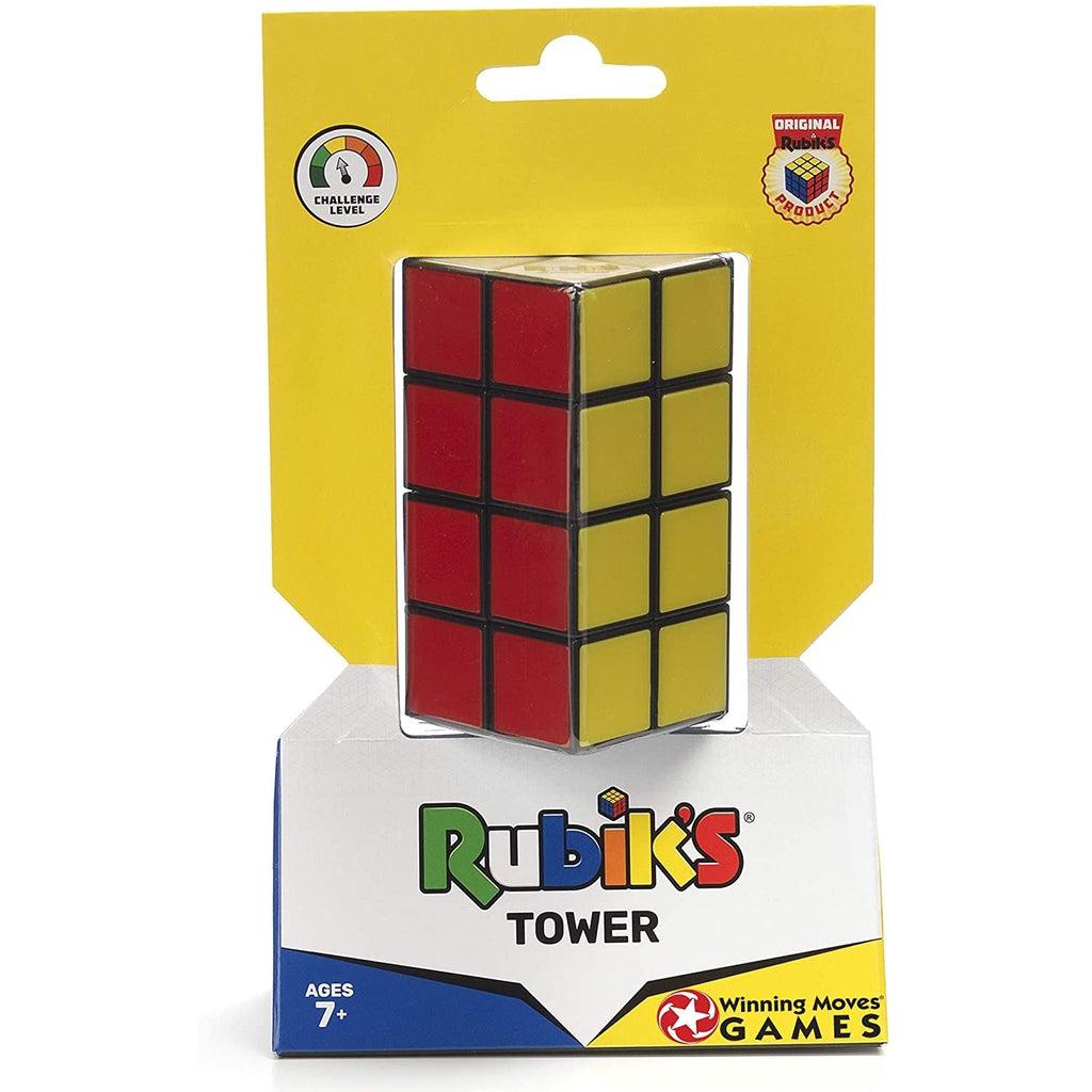 Image of the packaging for the Rubik's Tower puzzle. Part of the front is made from clear plastic so you can see the puzzle inside.