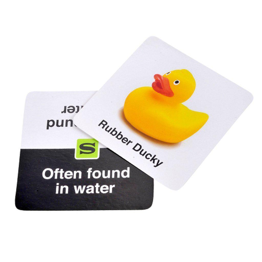 this image shows two cards, one is a rubber ducky and the other card has text that reads "often found in water"