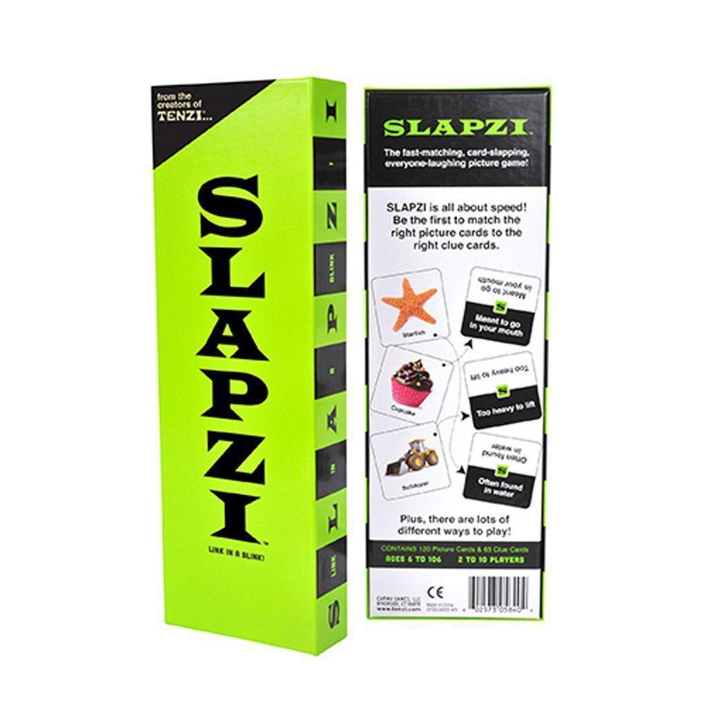 this image says "Slapzi is all about speed! be the first to match the right picture cards to the clue cards. "