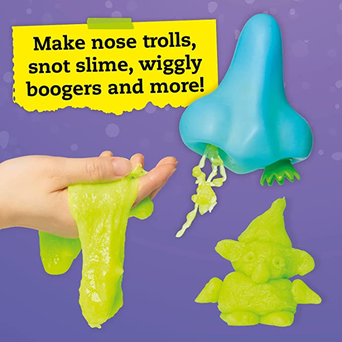 Image of plastic nose with fake boogers and plastic nose hair. | A hand holds fake green booger slime.