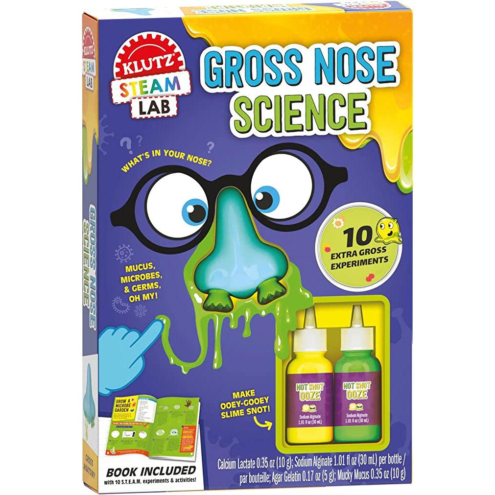 Toy in packaging | Front of box has transparent plastic showing bottles of Not Snot Oooze. | Image on box shows eyes with glasses connected to a nose with green snot dripping out. A hand touches the snot and a snot string connects to it.