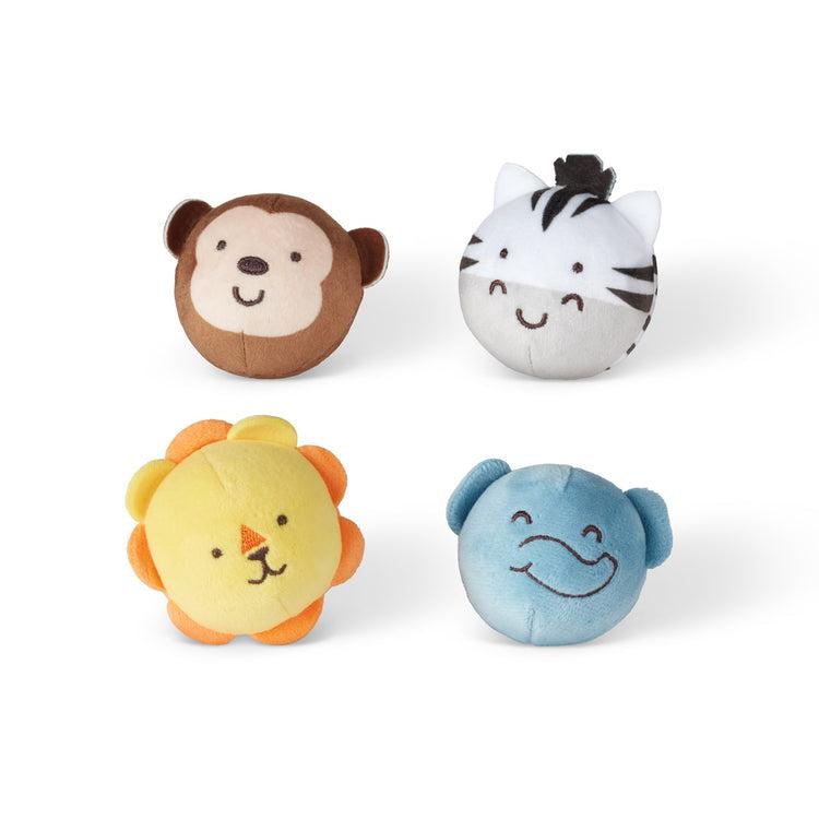 Toys out of packaging | Small round soft toys with chimes inside | Includes monkey, zebra, lion, elephant