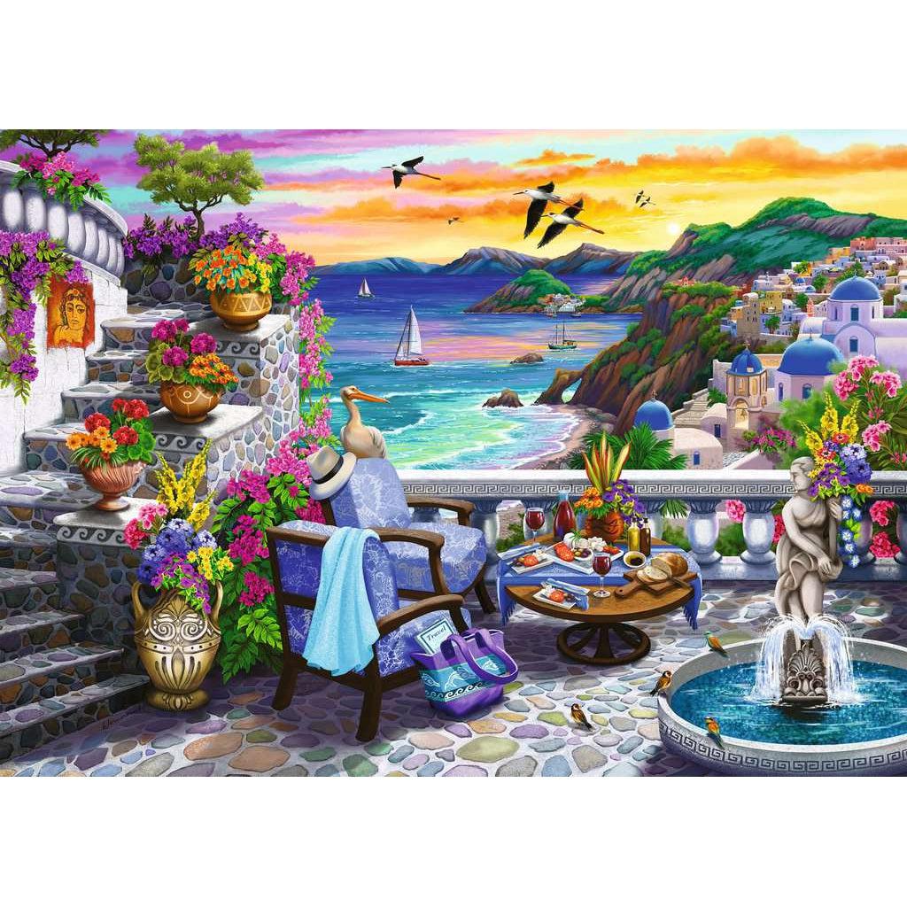 Image of puzzle | Greek architecture style patio with potted plants, fountain, and sitting area complete with wine and food. Beyond the patio a scenic view of the beach at sunset.