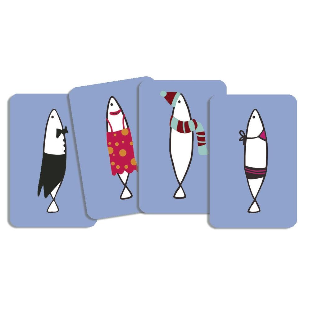 Image of some examples of the playing cards for the game. Each shows a larger version of each well-dressed sardine.