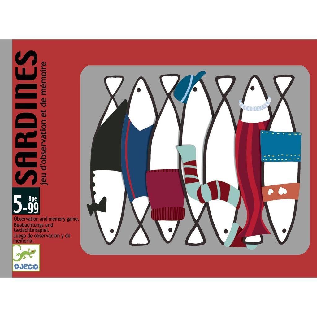 Image of the front of the packaging for the card game Sardines. On the front is a picture of one of the cards with multiple well-dress sardines on it.