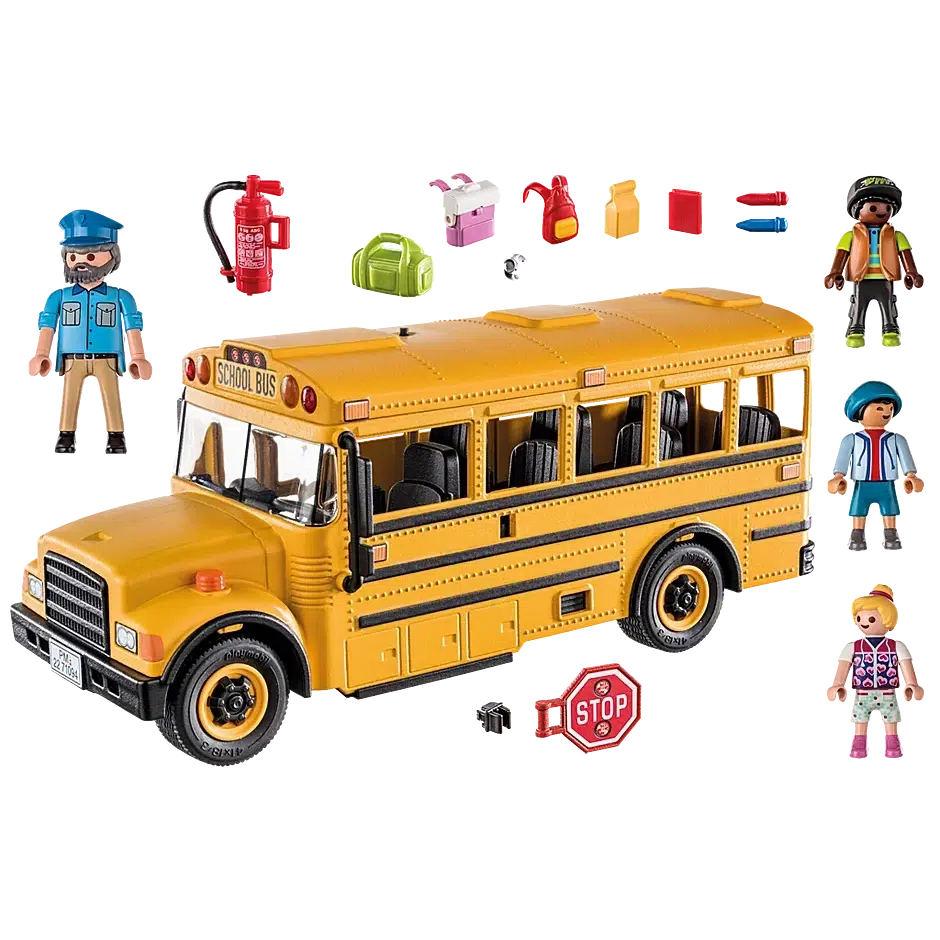 The bus, 4 playmobil figures, and all accessories listed in the description under contents are shown