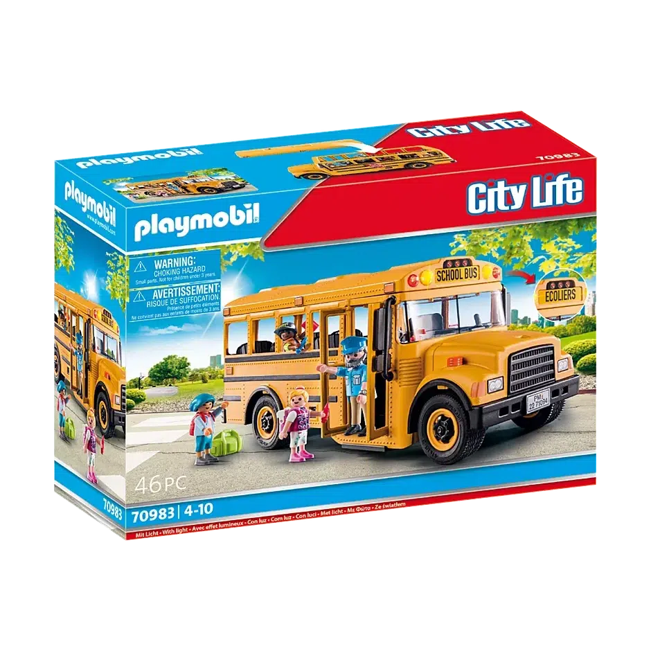 The box shows an image of the schoolbus with the driver waving to boarding kids, two kids approaching, and one kid looking out the window from in the bus