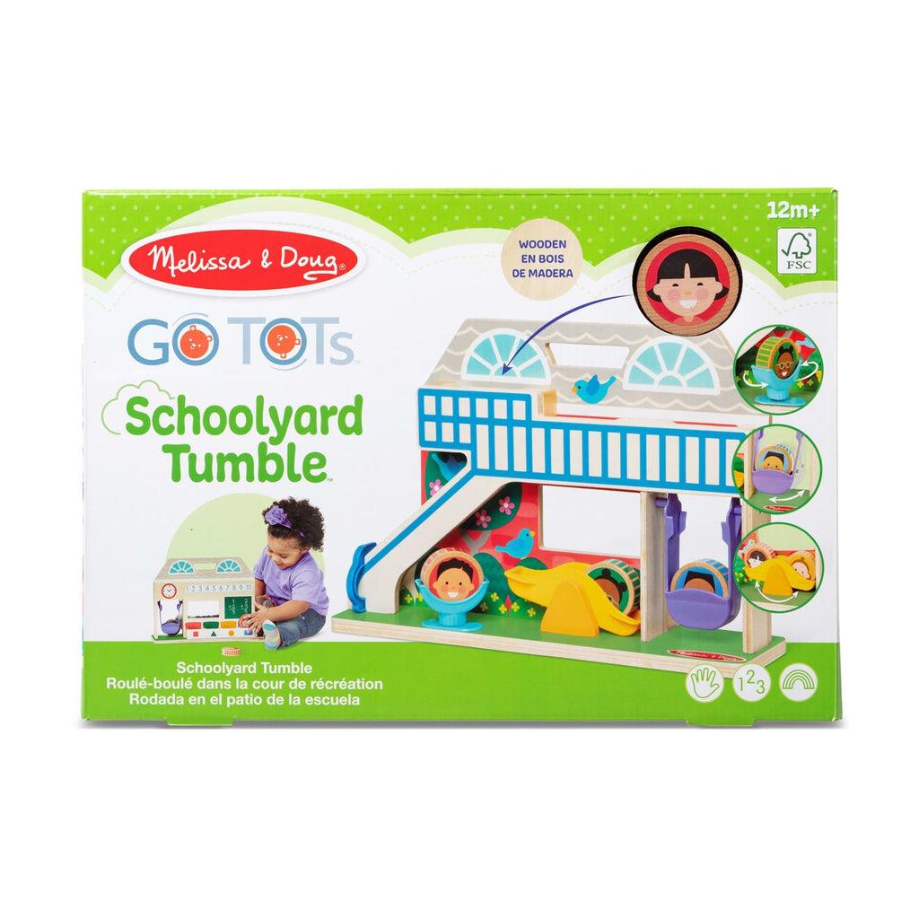 Schoolyard Tumble GO TOTS in packaging | Includes image of toy with close ups of smaller portions of the toy | Includes image of young toddler playing with toy