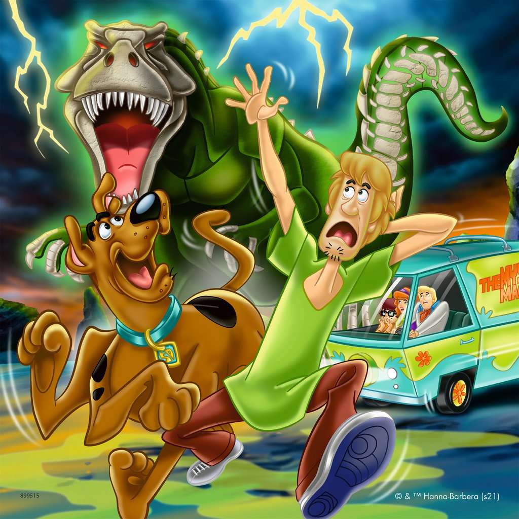 Puzzle 1 image | Shaggy and Scooby run from a glowing green T-Rex | The T-Rex has red eyes and lightning bolts | The other members of Mystery Inc. sit in the Mystery Machine near the dinosaur.