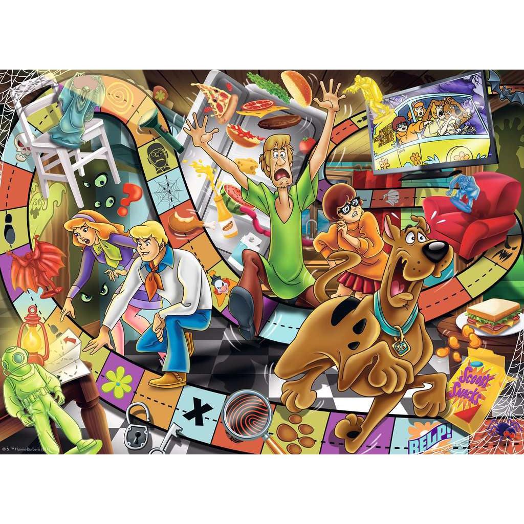 Image of puzzle | Scooby Doo and the gang navigate a curvy game board path through a variety of villains, food, and clues