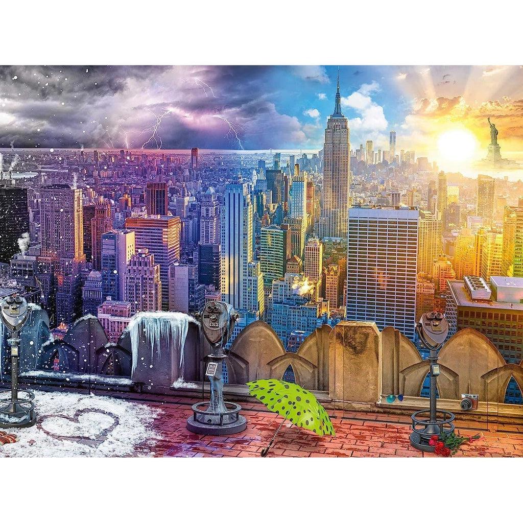 The puzzle is a view from a top of a building of the New York cityscape. You can see many different weather patterns in the 4 different seasons such as snow, thunderstorms, clouds, and clear sunny skies!