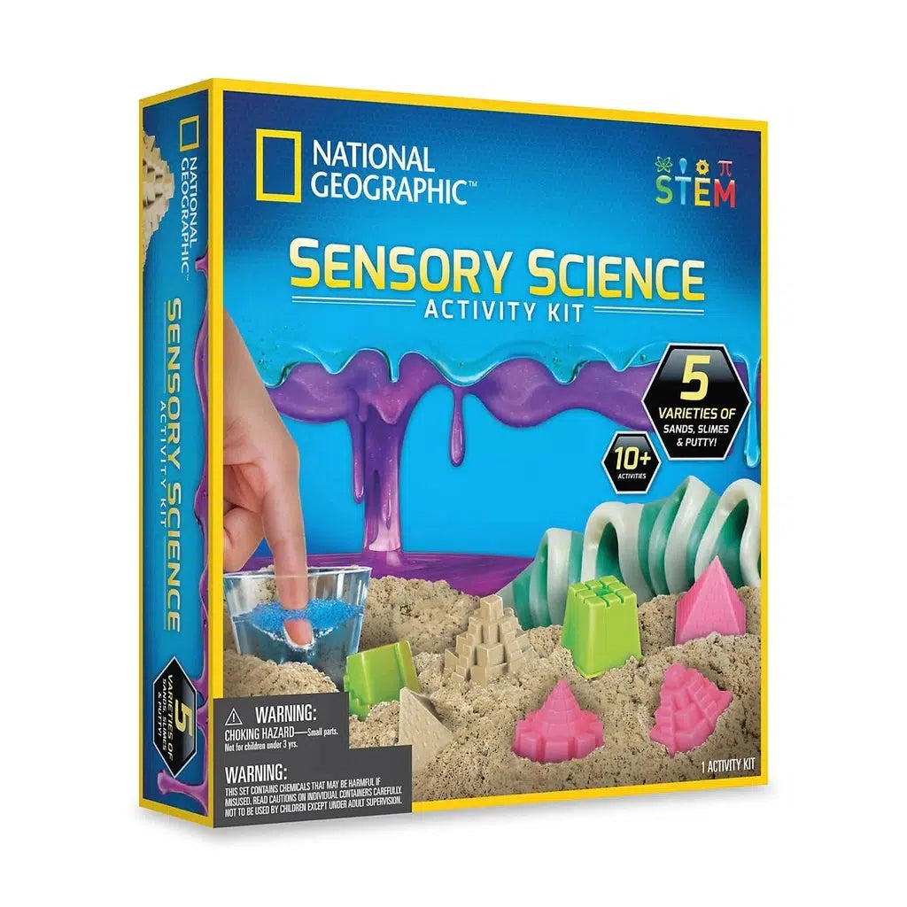 sensory science activity kit has 5 varieties of sands, slimes and putty. the box shows penty of putty and slime on some sands to touch and play with