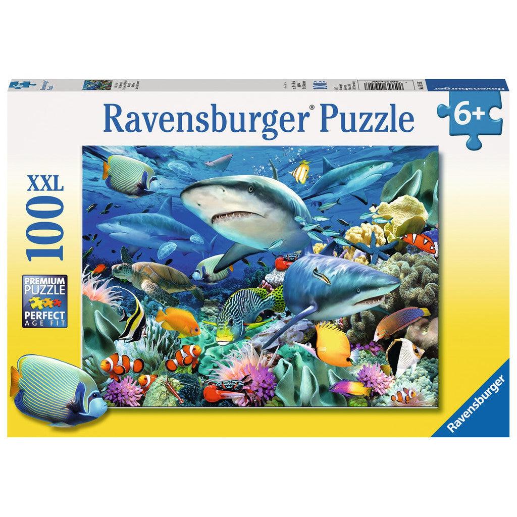 Puzzle box | Image of sharks swimming above a coral reef | 100 XXL pcs