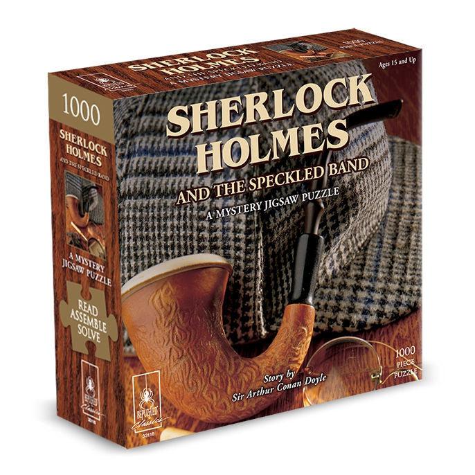 Sherlock Holmes Mystery Puzzle box | front and side of box visible | Front Image: An antique wooden tobacco pipe and glasses sit in front of a hounds tooth cap. | Side of box images: puzzle piece count, small version of image from front of box , puzzle piece shaped box with text "Read, Assemble, Solve"