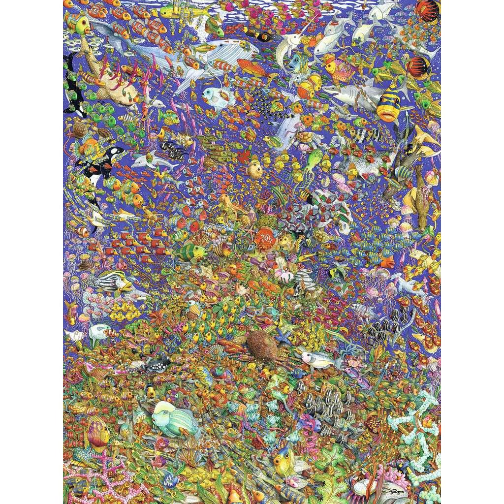 Puzzle is an extremely detailed and colorful painting of sea life "shoaling" around a coral reef. Includes fish, whales, sharks, and more.