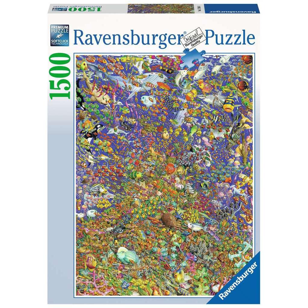 Image of the front of the puzzle box. It has information such as the brand name, Ravensburger, and the piece count (1500pc). In the center is a picture of the finished puzzle. Puzzle described on next image.