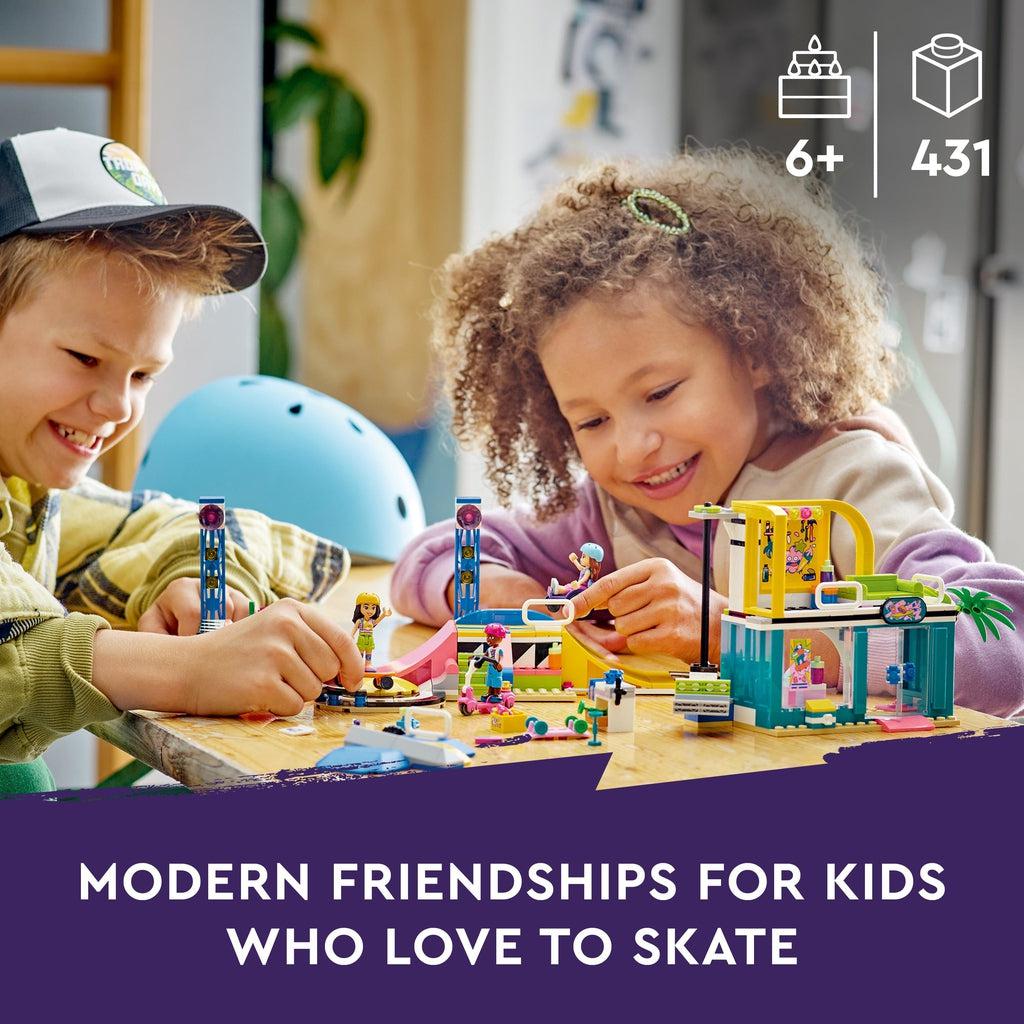 Two young kids are shown playing with the set | image reads: Modern friendships for kids who love to skate.