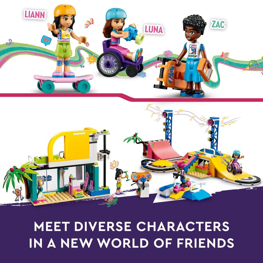 top image shows the three lego friends character | bottom image shows the girl in a wheelchair going down a ramp, the boy scootering over a ramp, and the other girl fixing a skateboard | Image reads: Meet diverse characters in a new world of friends.