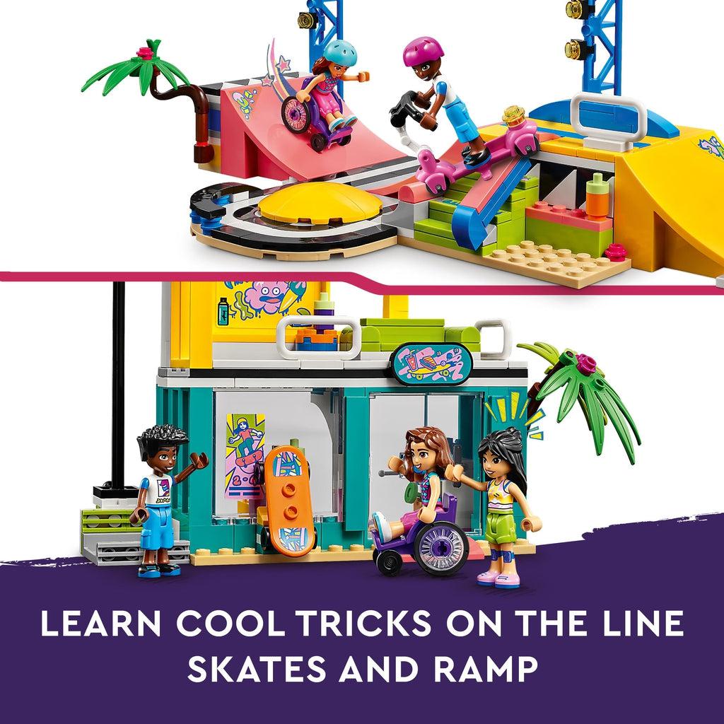top image shows lego characters riding on the half pipe | bottom image shows the three characters in front of the skate shop | Image reads: Learn cool tricks on the line skates and ramp.