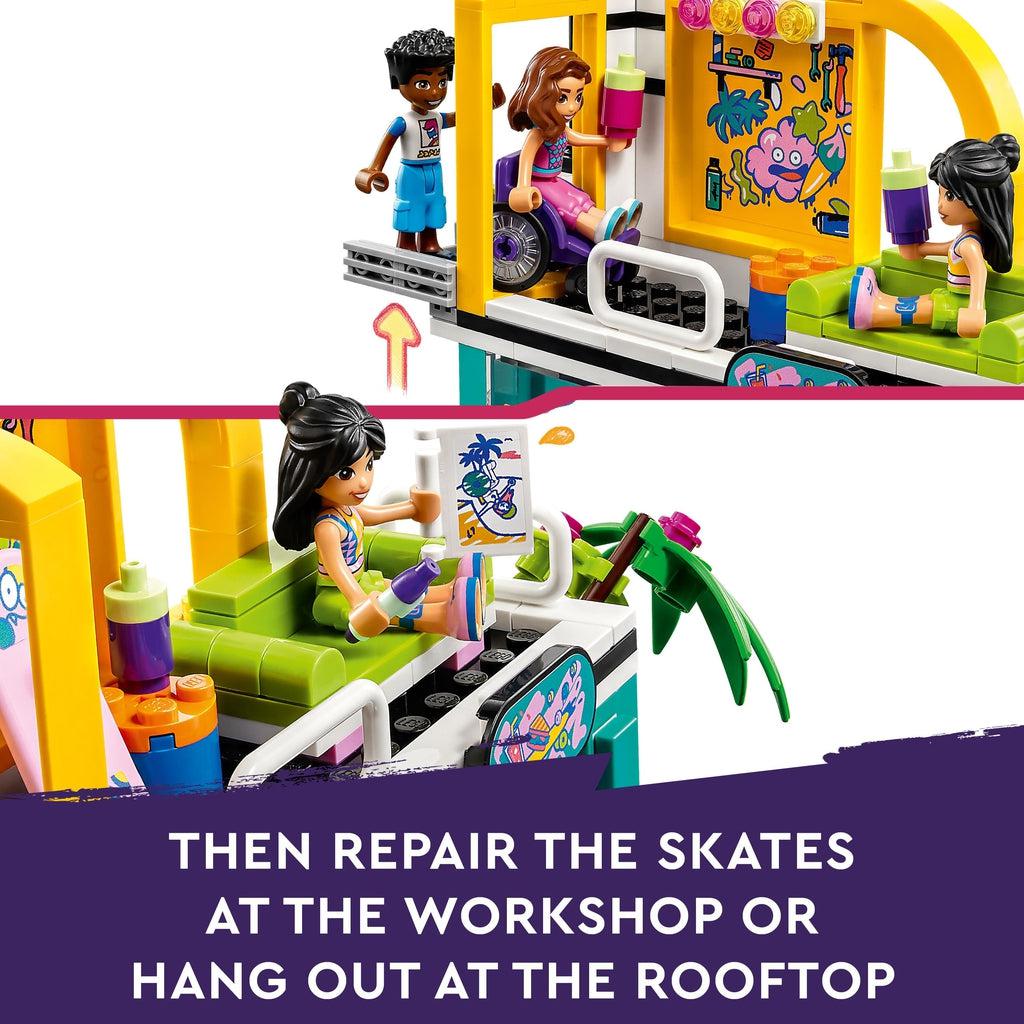 Top image shows the wheelchair accessible lift to the top of skate shop | bottom image shows girl character sitting on lego couch | Image reads: Then repair the skates at the workshop or hand out at the rooftop.