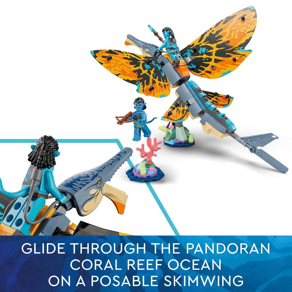 Main image shows one figure on the skimwing with another holding a bow and standing to the side | Bottom left image shows close up of the figure standing in the skimwing saddle | Image reads: Glide through the pandoran coral reef ocean on a posable skimwing