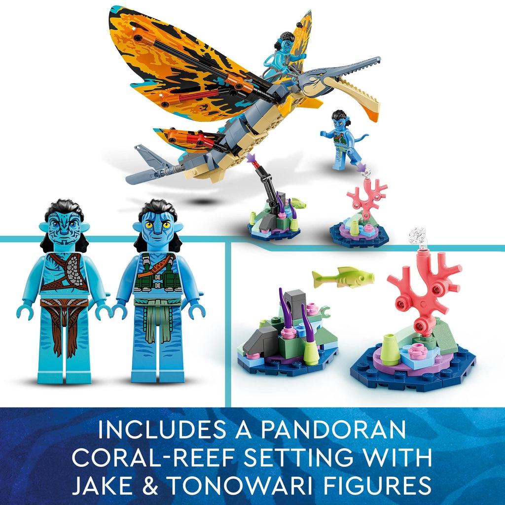 Top image shows the same as the first image | bottom left image shows the two navii minifigures | bottom right shows the two coral rocks close up | Image reads: Includes a pandoran coral-reef setting with jake and tonowari figures