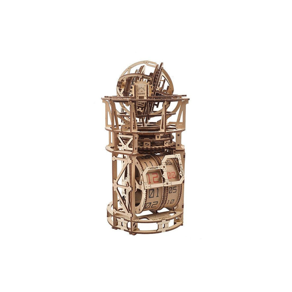 Front of view of model | Model appears as a see through sphere sitting atop a tower that contains wheels showing the time. The entire model is visually complex and composed of many articulating wood pieces giving the model a "see-through" appearance. 