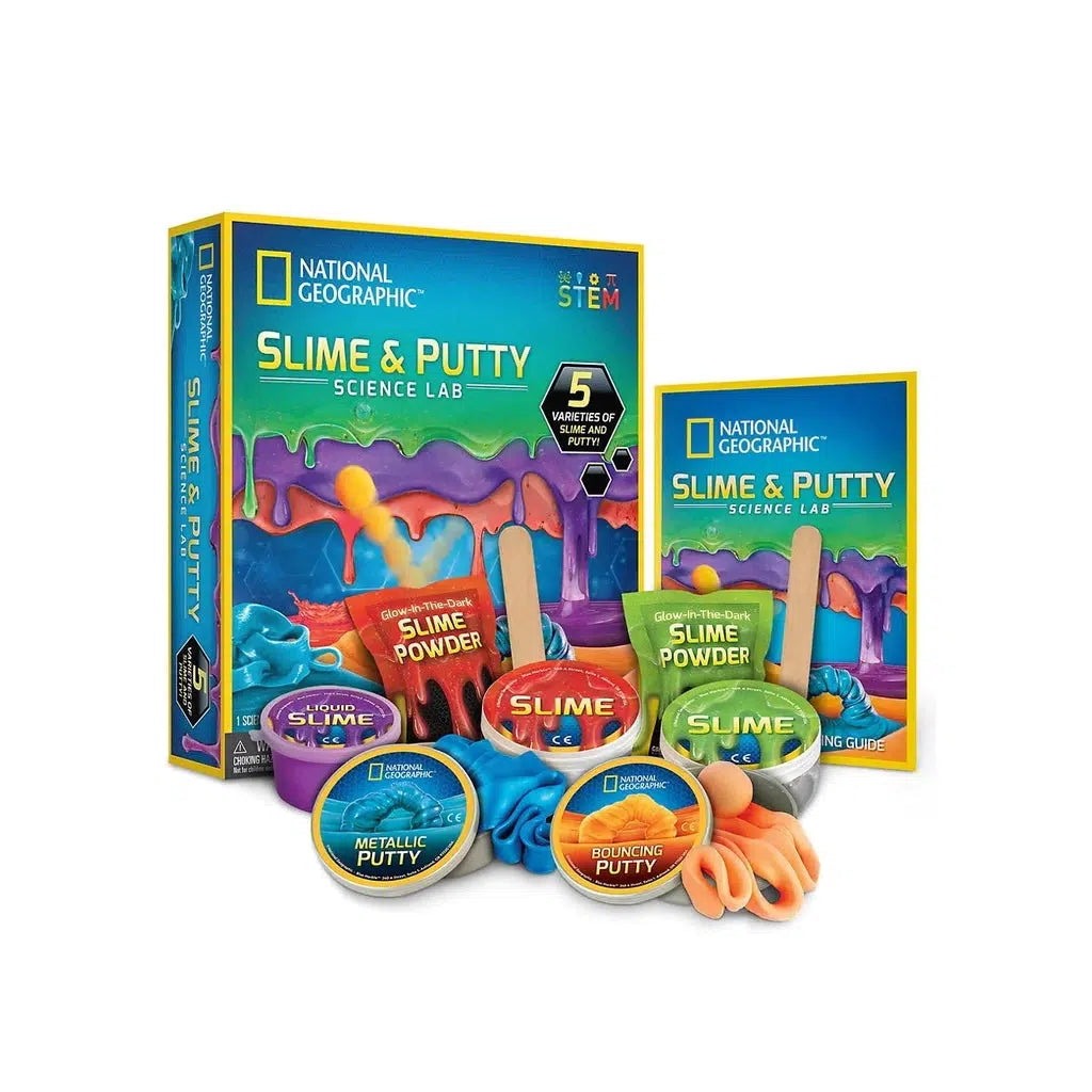 this image shows 5 containers of slime and putty, with slime powder, and a national geographic slime and putty information booklet. 