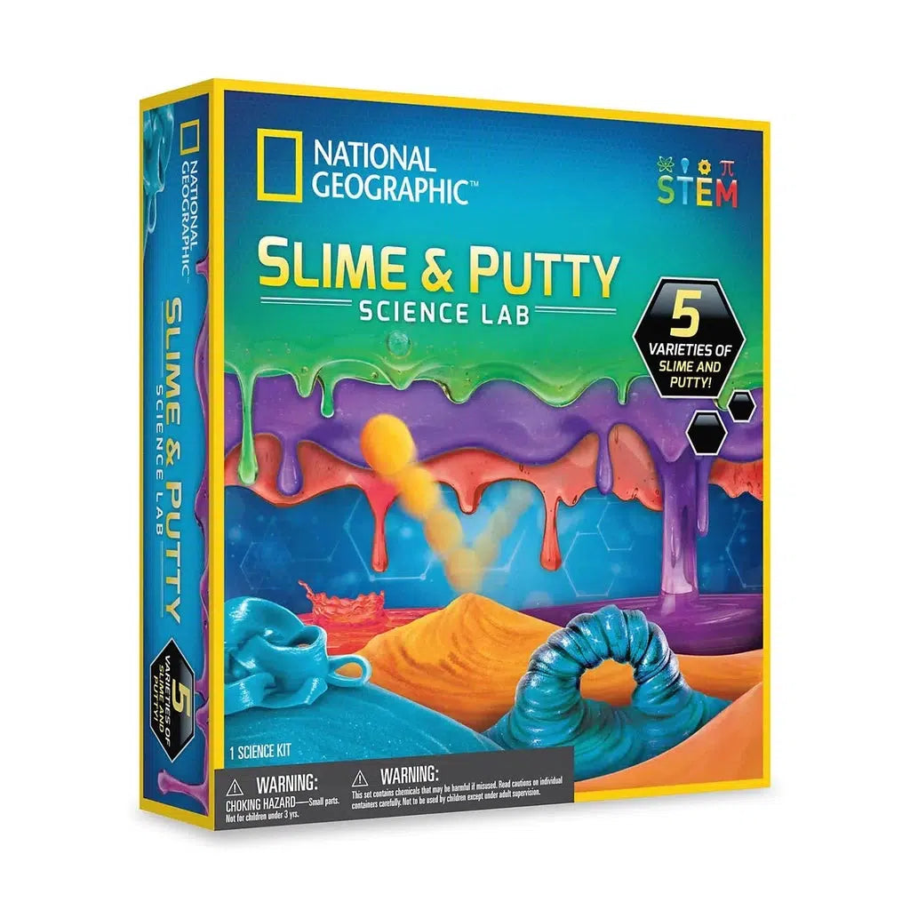 slime and putty science lab by national geographic. the image shows the box full of slime and putty, a sign says there are 5 vatieties of sliime and putty inside. 