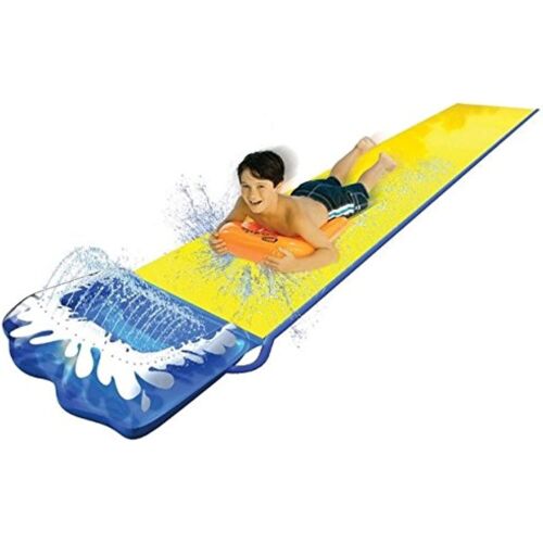 Image shows a child going down the slip and slide on the included boogie board. The end of the slide has an inflatable bumper to stop kids at the end, the bumper also has spouts that spray water when connected to a hose.