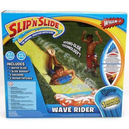 The front of the box shows a child going down the slip and slide on the included boogie board. The front of the box lists the contents as well as highlights that it comes with a bonus inflatable boogie board.