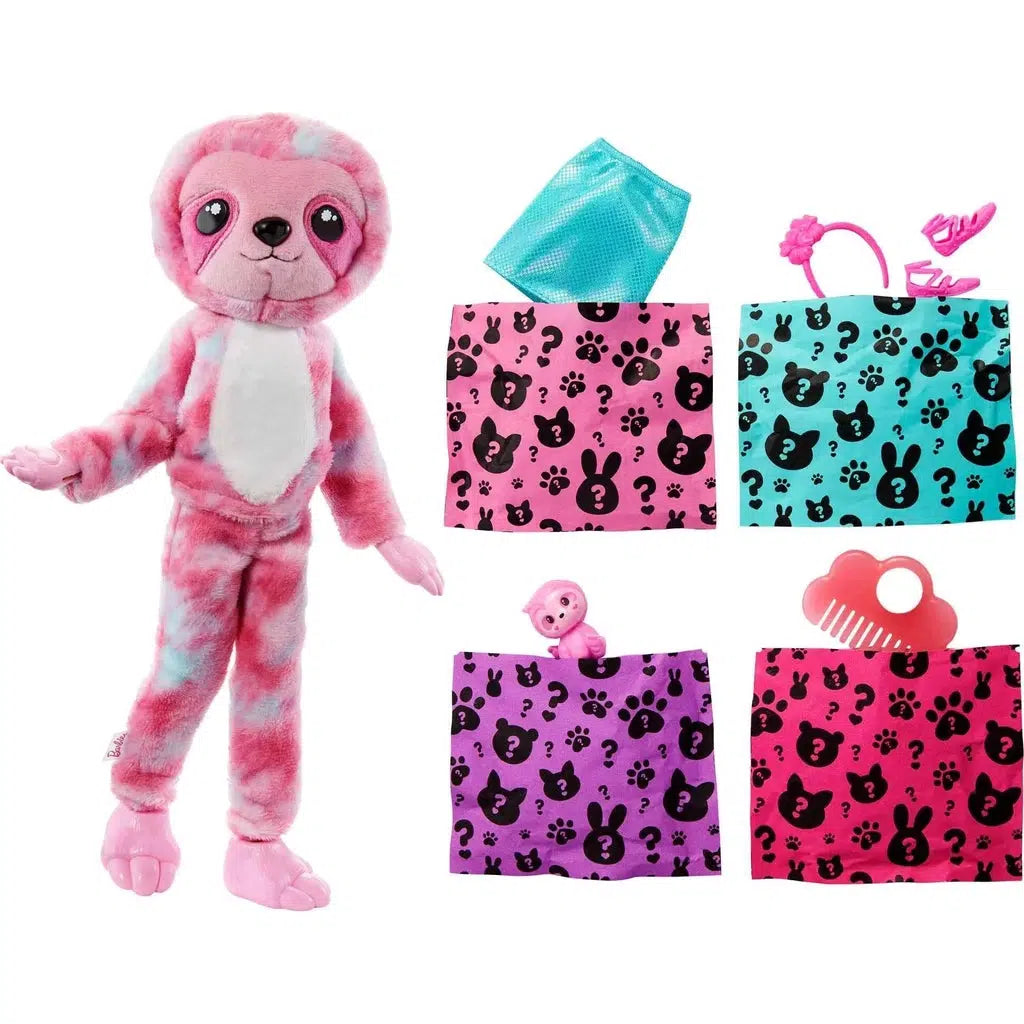 Contents of tube | Barbie doll in pink sloth fur suit complete with sloth head cover and sloth paws covering hands and feet | Four mystery bags with items for Barbie include a clothing item, headband, shoes, comb, and a matching pink pet sloth figure.