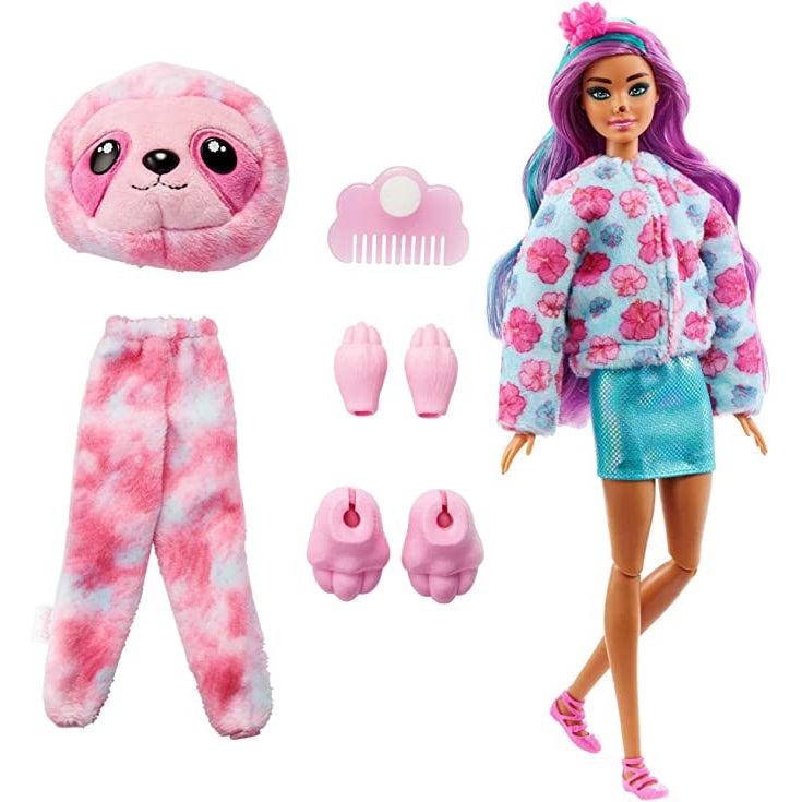 Image shows Barbie sloth suit head, pants, and paws off of doll. Comb is pictured. Barbie is pictured in reversible sloth suit jacket, pink headband, blue mini skirt, and pink sandals.