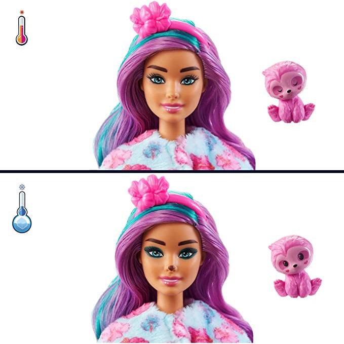 Water temperature effects on Barbie and sloth | Cold Water: Barbie has no obvious makeup, sloth has closed eyes. | Warm water: Barbie has has sloth facepaint, sloth has open eyes.