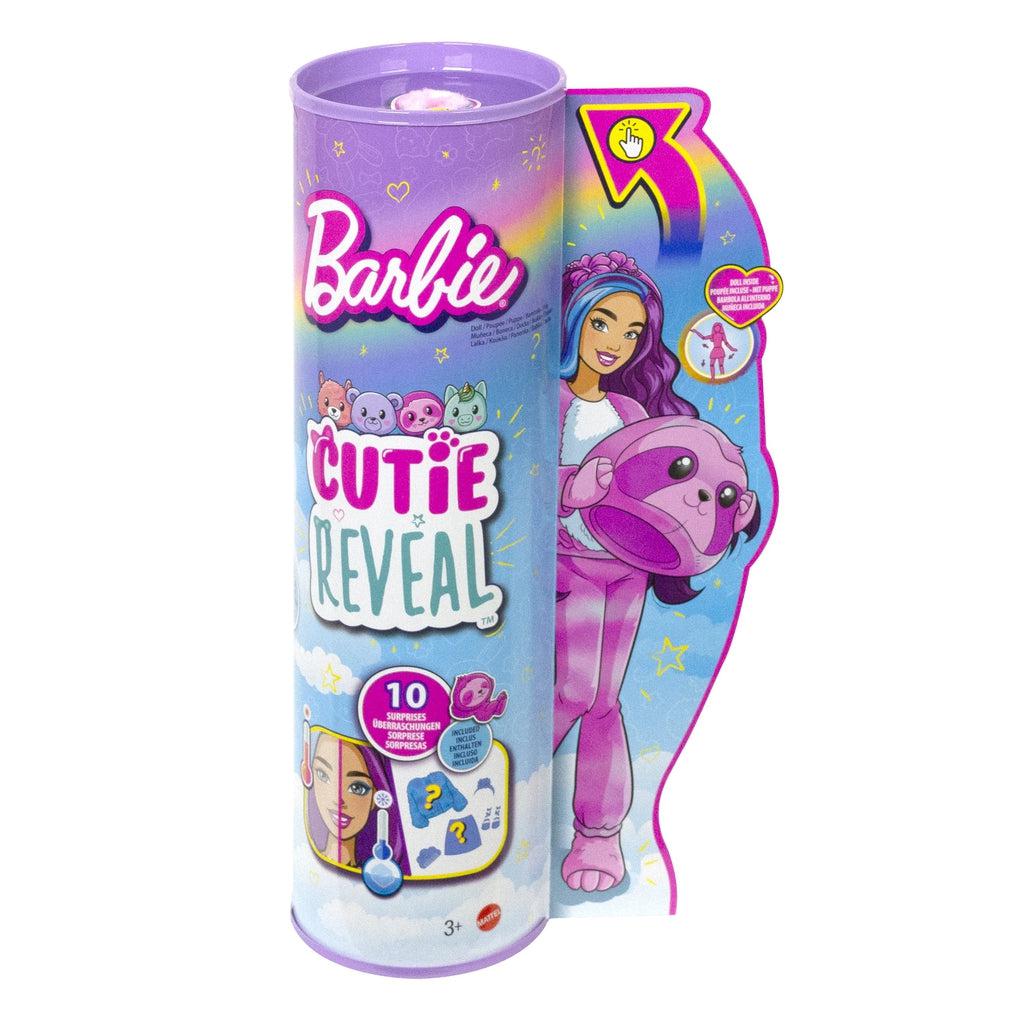 Packaging for sloth cutie reveal Barbie | Doll comes in a purple and blue tube. Tube has a protruding portion with cartoon Barbie in her sloth outfit.
