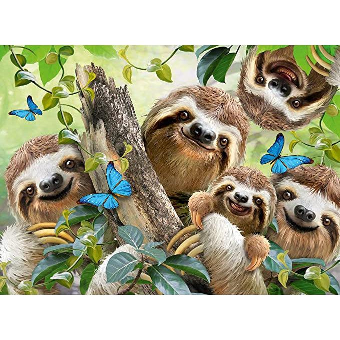 Puzzle image | 5 sloths clinging to a visible branch smile and look at the viewer. | Sloths are surrounded by leaves and 3 blue butterflies. 