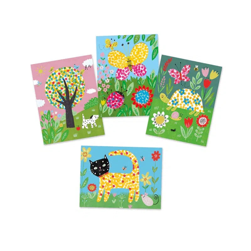 Image of possible finished products for the four images. They include a tree, a butterfly with a ladybug and flower, a turtle with a butterfly, and a cat.
