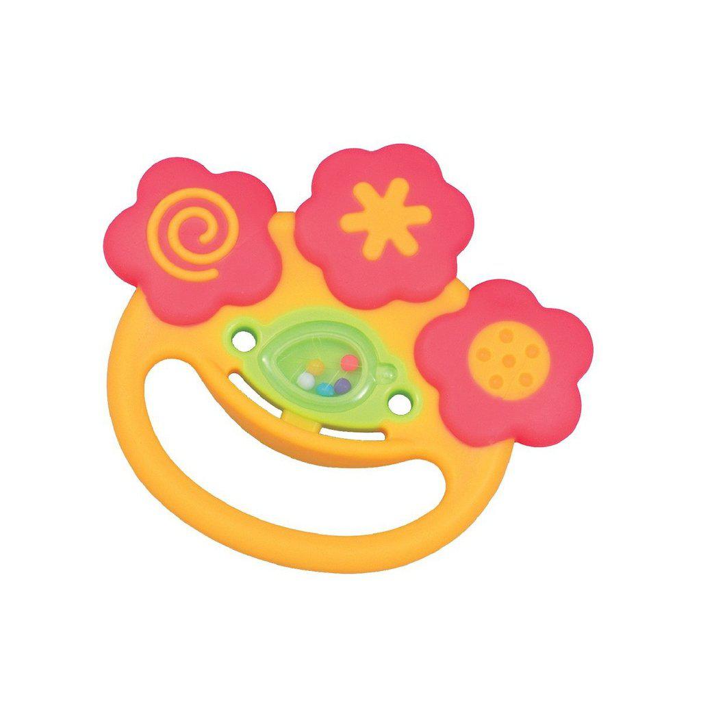 Image of the Smiling Face Teether. It is  an orange and red face with a wide mouth for holding onto and it has flowers of different textures on its head. For a nose, there is a leaf with rattling beads inside.