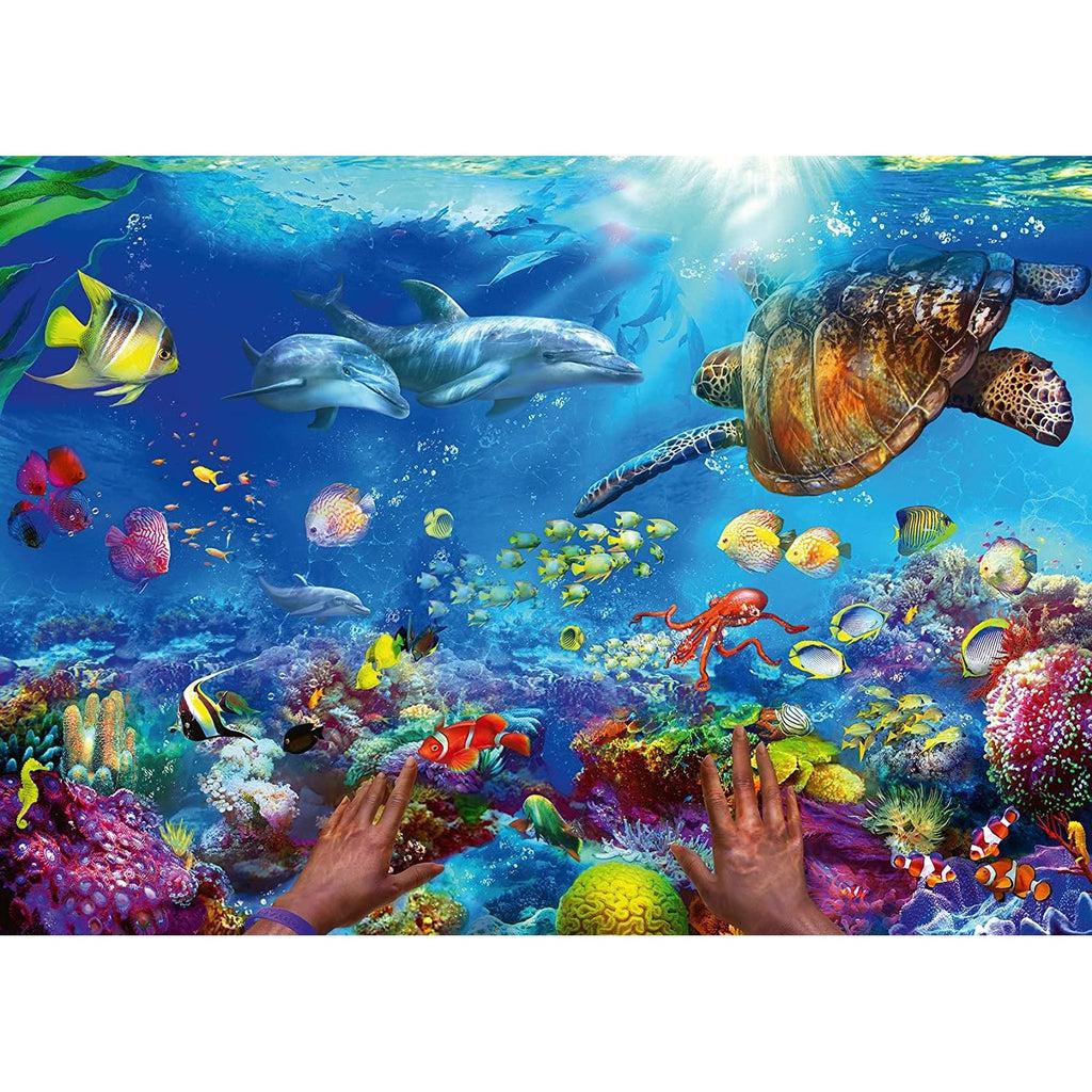 Puzzle is an underwater scene of a coral reef. There are so many different types of sea creatures to be seen like turtles, tropical fish, dolphins, and an octopus. You can see "your" hands reaching out toward the animals while snorkeling.