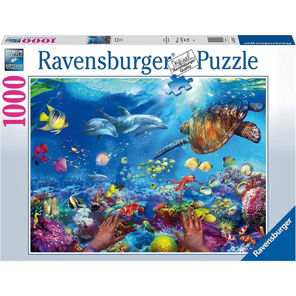 Image shows front of puzzle box. It has information such as the brand name, Ravensburger, and piece count (1000pc). In the center is a picture of the finished puzzle. Puzzle described on next image.
