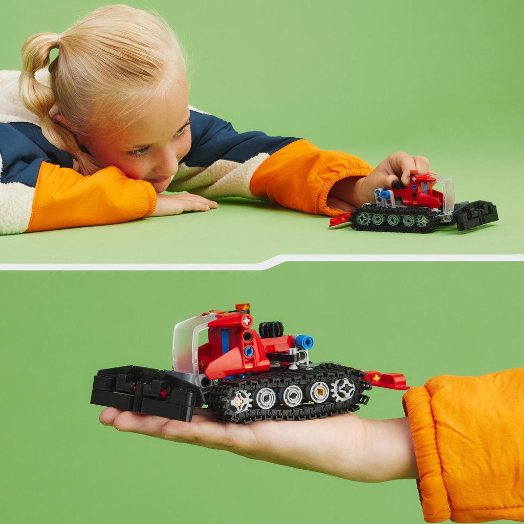 Top image: a girl pushes the vehicle around on a floor | bottom image: closeup of the girl holding the vehicle out on the palm of her hand